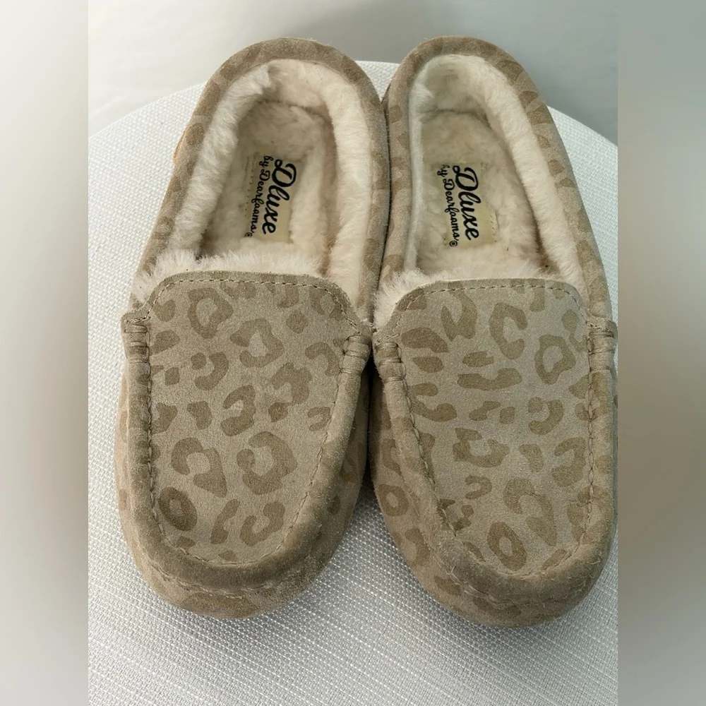 Deluxe Dearfoams Leopard Print Moccasin Slippers Kids Size 1 EU 32(A327)✨